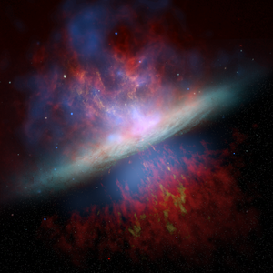 Galaxie mit ausströmendem Gas nach oben und unten