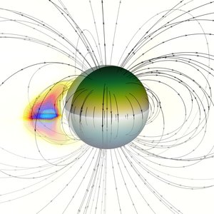 Sphere with lines depicting a magnetic field with arrows and a colored area on the left side