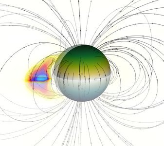 Sphere with lines depicting a magnetic field with arrows and a colored area on the left side