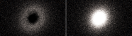 Linkes Teilbild zeigt ringförmig angeordnete tausende Sterne, weil Sterne in der Mitte fehlen, rechts ist das Loch aufgefüllt