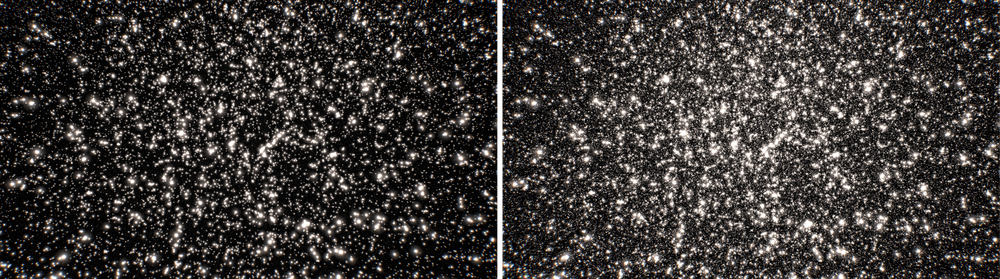 Linkes Teilbild mit vielen Sternen, rechtes Teilbild mit noch mehr Sternen