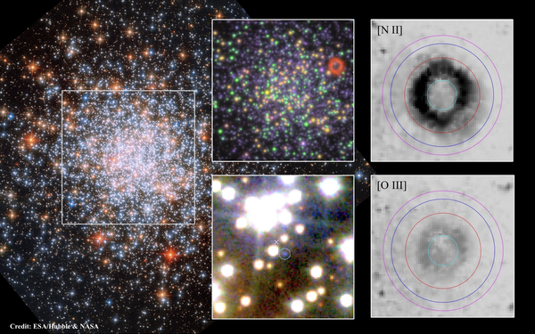 Large star cluster NGC 1866 with colored close-ups and two black-and-white images showing ring-like structures.