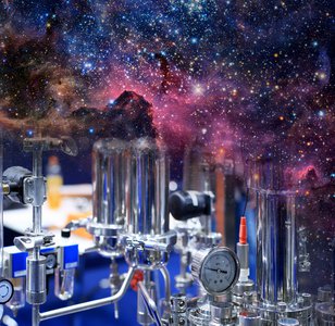 Montage of a laboratory setup and an astronomical image.