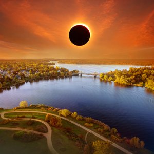 Artistic representation of the solar eclipse over the Glienicker Bridge in Potsdam