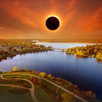 Artistic representation of the solar eclipse over the Glienicker Bridge in Potsdam