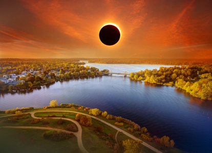 Artistic representation of the solar eclipse over the Glienicker Bridge in Potsdam