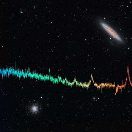 Starry sky with a galaxy and a globular cluster, with jagged lines running across the image, some with larger peaks.
