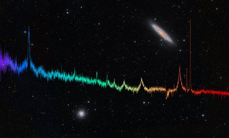 Starry sky with a galaxy and a globular cluster, with jagged lines running across the image, some with larger peaks.