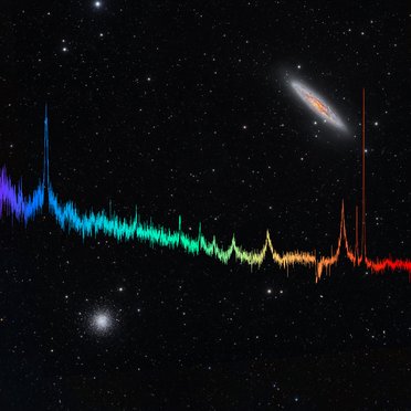Starry sky with a galaxy and a globular cluster, with jagged lines running across the image, some with larger peaks.