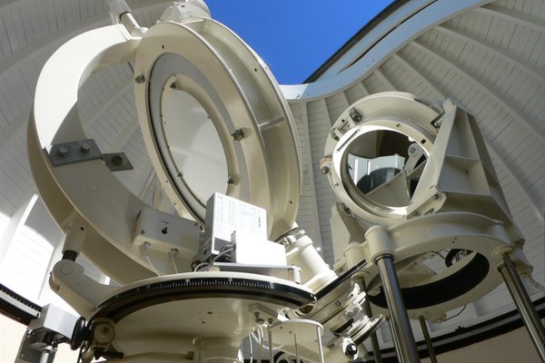 Inside view of the open dome of the Einstein Tower with telescope mirrors.