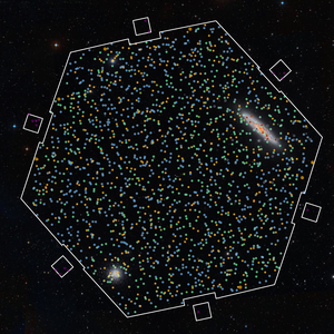 Image of the sky with a hexagon overlay and many colourful circles around some spots (stars)