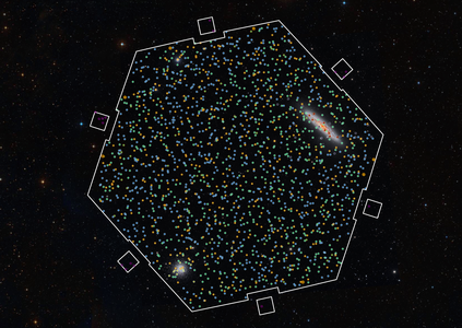 Image of the sky with a hexagon overlay and many colourful circles around some spots (stars)