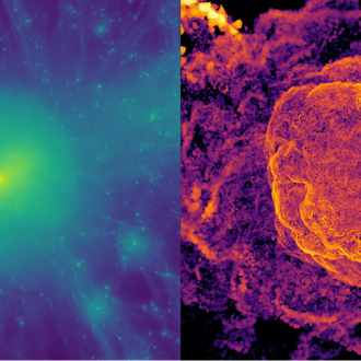 Two colour images of a galaxy cluster arranged side by side, left: gas density, with bright (dense) center, right: dissipated energy with clearly visible arc-shaped structures (shock waves)