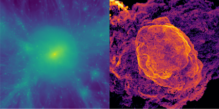 Two colour images of a galaxy cluster arranged side by side, left: gas density, with bright (dense) center, right: dissipated energy with clearly visible arc-shaped structures (shock waves)