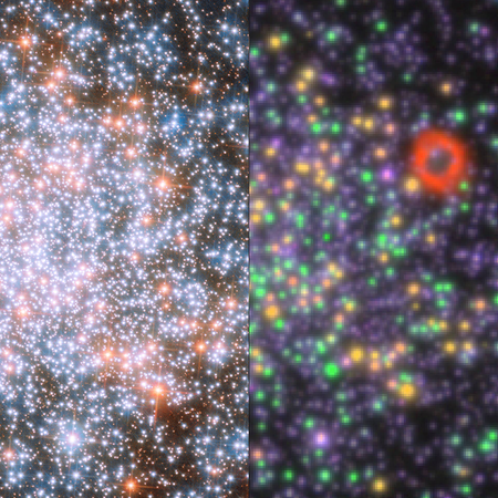 Two side-by-side telescope images of a region of the star cluster NGC 1866, left showing many white and blue stars, right showing color-coded stars in green, yellow, and red on a dark background.