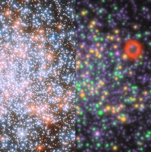 Two side-by-side telescope images of a region of the star cluster NGC 1866, left showing many white and blue stars, right showing color-coded stars in green, yellow, and red on a dark background.