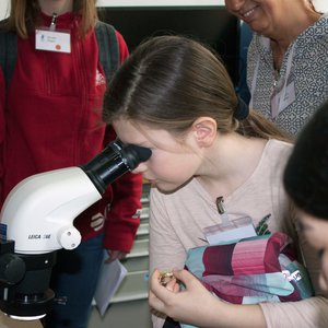 Mädchen, das durch ein Mikroskop schaut.