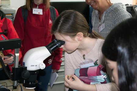 Girl looking through a microscope.