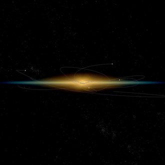 thin blue line horizontally in the centre of the picture, golden thickening in the middle; various curved lines with a small dot at the end