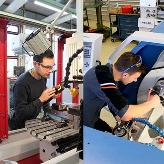 Two images, each showing a young apprentice who is working with a machine