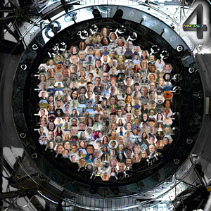A image of the 4MOST instrument, overlaid with hexagonal images illustrative of individual fibres. Each hexagon contains the face of a person involved in 4MOST, symbolising the people behind the project.