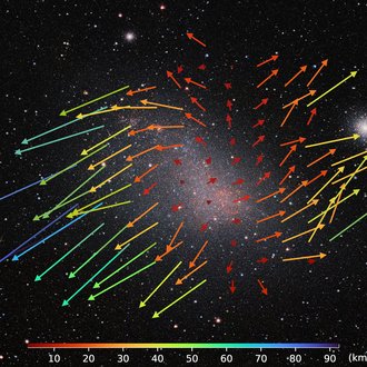 Astronomical photograph of a small galaxy, coloured arrows point outwards