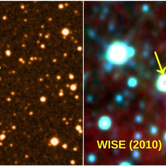 Two images of the sky from 1995 and 2010, one star is marked