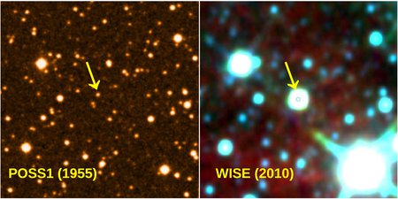 Two images of the sky from 1995 and 2010, one star is marked