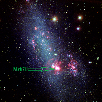 “Green pea”-Galaxie NGC 2366, aufgelöst in tausende blaue (junge) Sterne in einem 3.5m/MOSCA Farbbild. Nebel erscheinen als rote/rosa Bereiche. Mrk 71, der hellste Nebel, ist durch einen Pfeil in der Mitte des Bildes markiert.